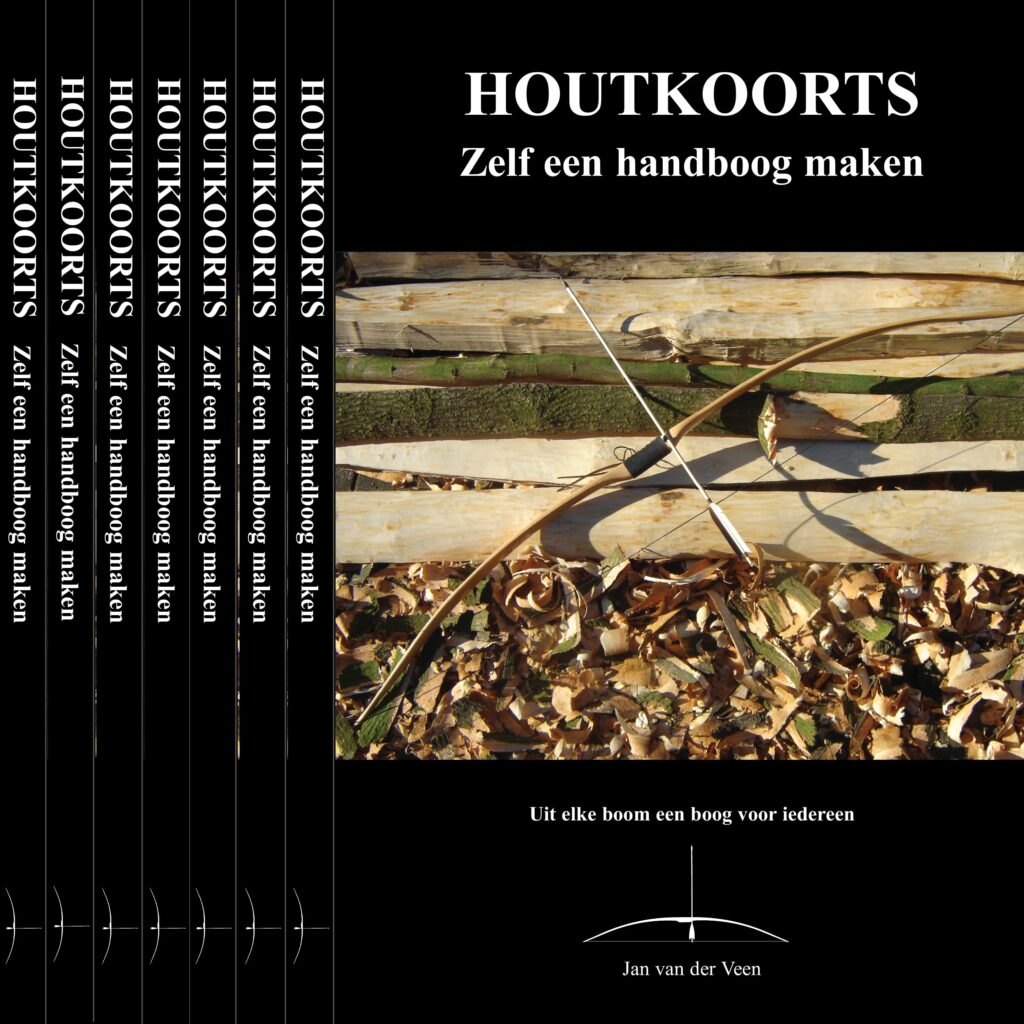 Omslag van het boek Houtkoorts: Zelf een handboog maken, een boek over het zelf maken van pijl en boog, geschreven door Jan van der Veen.