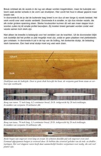 Voorbeeldpagina uit het boek Houtkoorts: Zelf een handboog maken, van Jan van der Veen, over het correct halen van een boog uit een boogstaaf.