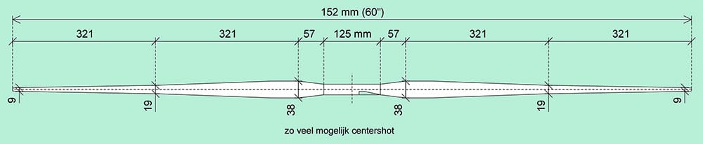 Schematische weergave van zelf te maken houten flightbow door Dan Perry, met afmetingen en zaagvorm.