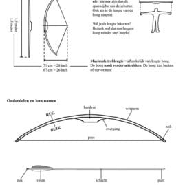 Voorbeeldpagina uit de handleiding van het doe-het-zelf pakket voor een boog van 170 centimeter, met onderwerp lengte en treklengte van de boog.