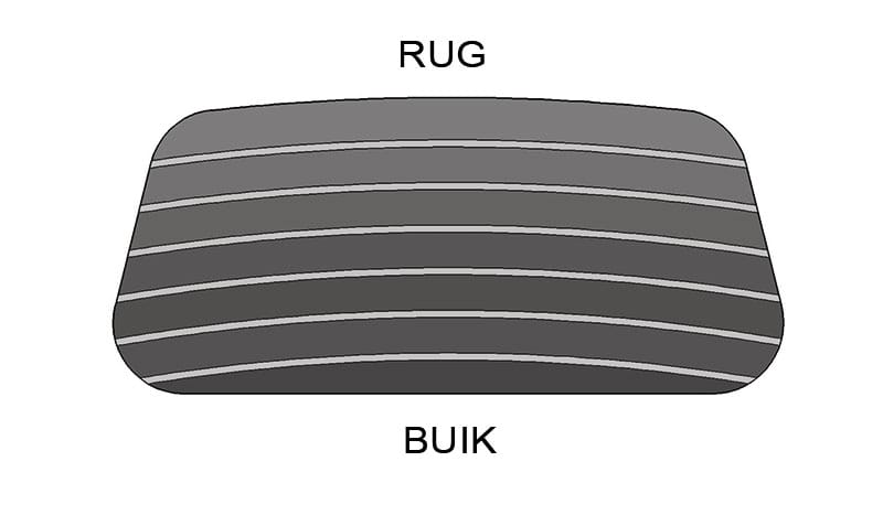Schematische weergave van een boog of boogstaaf met de rug en buik van het hout gemarkeerd.